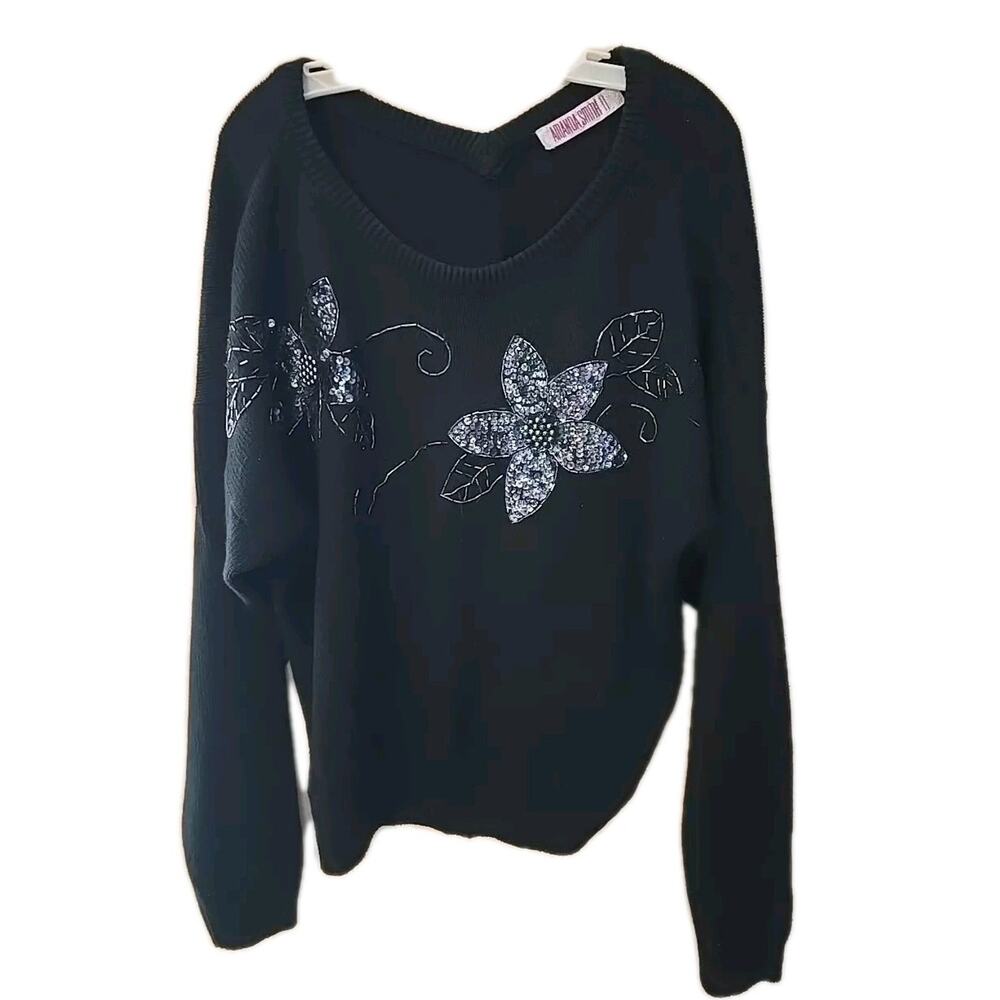 Vtg Amanda Smith Black Floral Sequin Floral Silk Angora Sweater Womans Size 24W‎